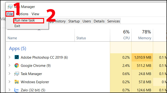 Cửa sổ “Task Manager” hiện ra, bạn hãy nhấn vào “File”  chọn “Run new task” để chạy hộp thoại Run.